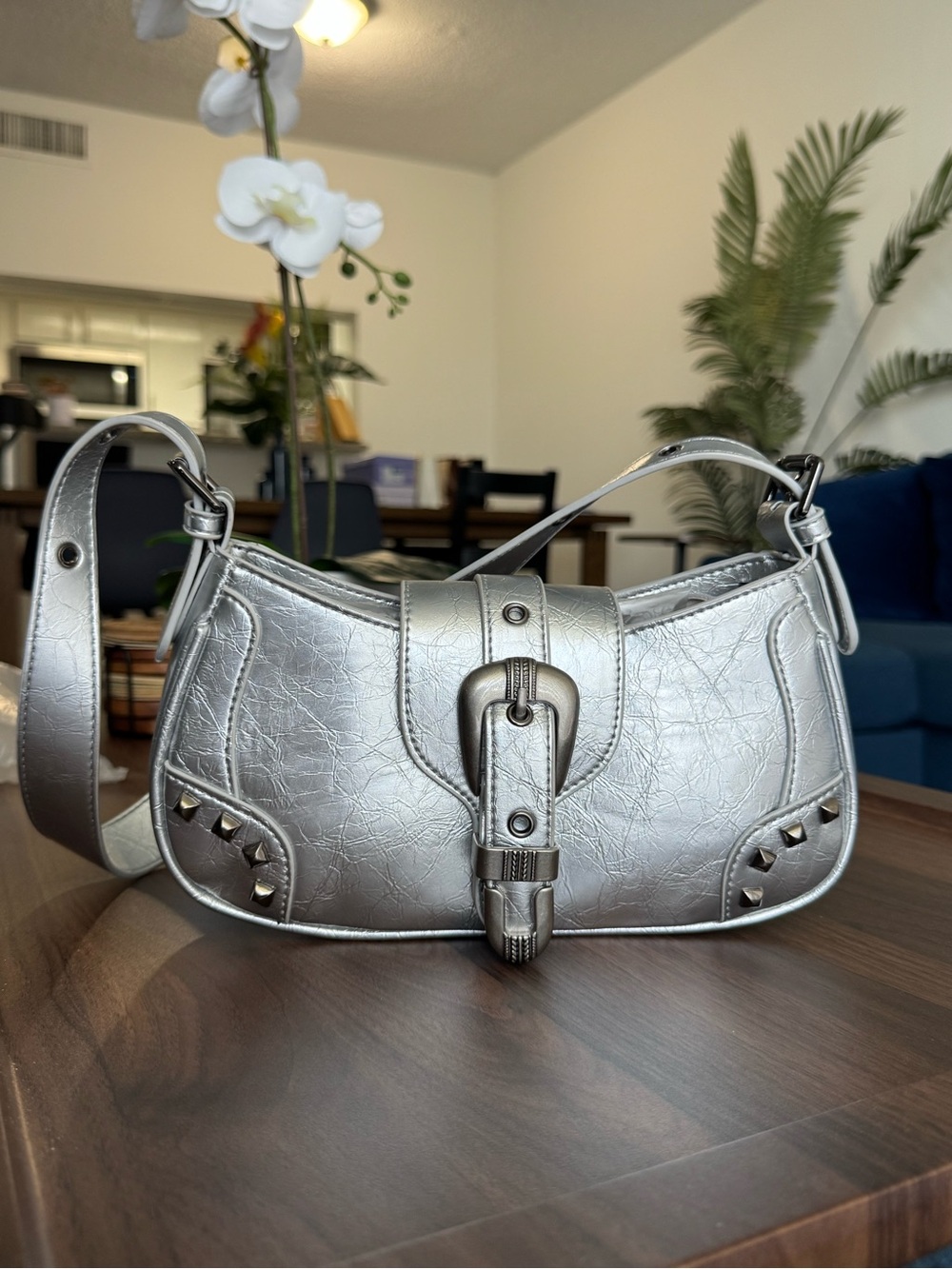Y2K Silver Shoulder Bag with Stud Detail